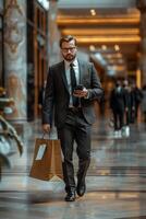 A man in a suit and tie walking down a hallway with a phone in his hand photo