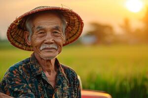 An old man in a hat sitting in a rice field photo