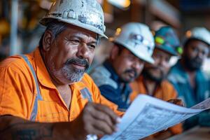 A man in an orange shirt and hard hat is looking at a paper photo
