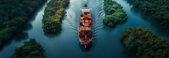 An aerial view of a container ship traveling down a river photo