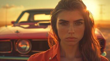 A woman is standing in front of a red car photo