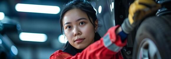 A woman in a red shirt is working on a car photo