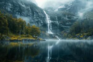 A waterfall in the mountains photo
