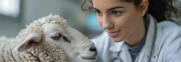 A woman in a lab coat is petting a sheep photo