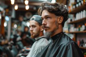 Two men in a barber shop looking at each other photo