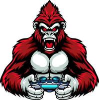Red Angry Gorilla playing game with joystick and headphone isolated cartoon character illustration vector