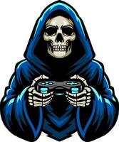 Grim Reaper Skull playing game with joystick and headphone illustration vector