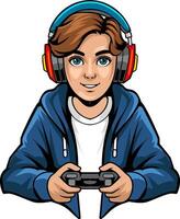 Boy Nerd playing game with joystick and headphone isolated cartoon illustration vector