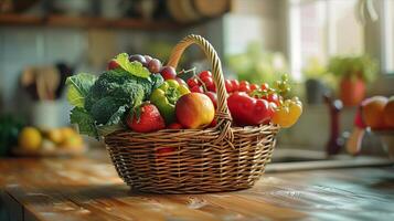 A basket of fresh fruits and vegetables on a kitchen counter photo