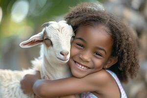 A little girl hugging a goat photo