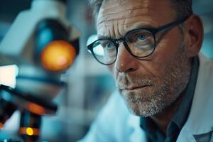 A man in glasses looking at a microscope photo