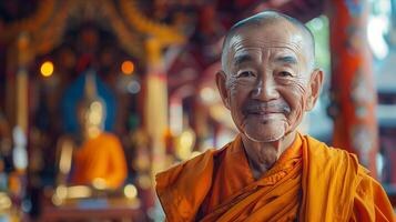 An old monk is smiling in front of a buddha statue photo