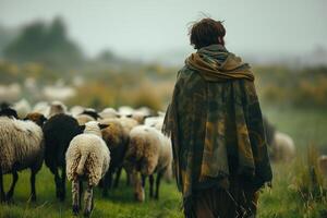 A person walking in a field with a herd of sheep photo
