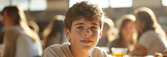 A boy sitting at a table with food in front of him photo