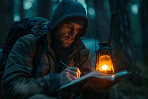 A man in a hoodie is writing in a book with a lantern photo