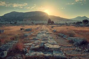 Ancient ruins in the desert at sunset photo