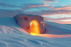 A tunnel in the desert with a light coming from it photo
