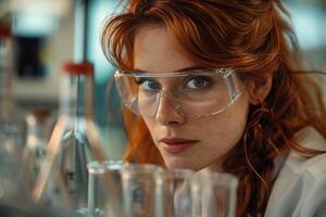 A woman in a lab coat and glasses looking at something photo