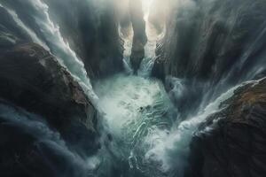 A waterfall in the middle of a canyon with water flowing through it photo