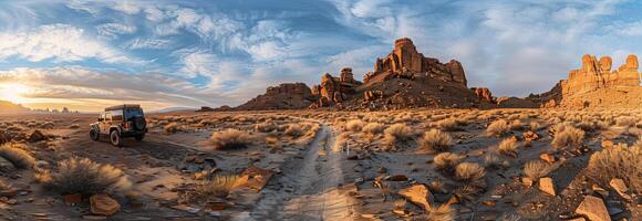 A 360 - view of the desert with a jeep driving through it photo
