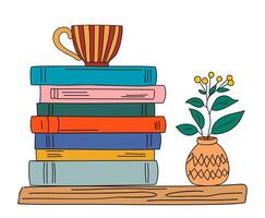 A stack of books with a vase of flowers vector