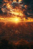 A view of the sun setting over a city photo