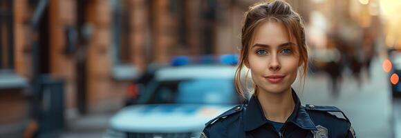 A woman in a police uniform is standing in front of a car photo