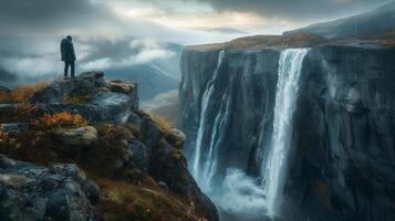 A man stands on the edge of a cliff overlooking a waterfall photo