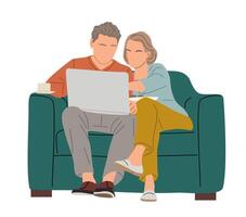 Old couple surfing internet, using laptop together vector