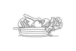Single one line drawing of wicker basket with full of raw vegetables for kitchen logo icon. Healthy food for diet program or vegan life. Modern continuous line draw design graphic illustration vector