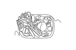 Single continuous line drawing top view wicker basket with full of raw vegetables for groceries logo. Harvest result from agriculture process. Dynamic one line draw graphic design illustration vector