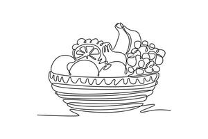 Single continuous line drawing full wicker basket containing orange, grapes, apple, pineapple and banana. Hampers parcel filled with vitamin C. Dynamic one line draw graphic design illustration vector