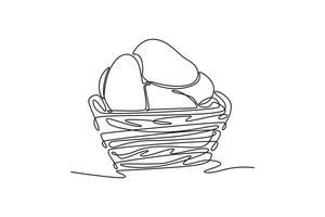 Single continuous line drawing wooden basket with full of fresh mango fruit for groceries logo. Healthy food contains vitamin for diet program. Dynamic one line draw graphic design illustration vector
