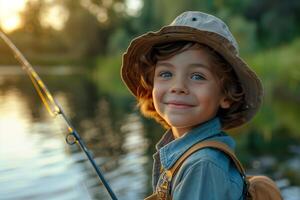 A young boy is smiling while holding a fishing rod photo