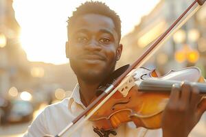 A man smiles while playing the violin photo