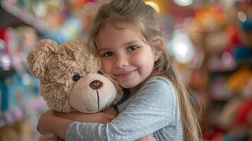 A little girl is hugging a teddy bear photo