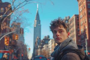 A man standing in front of a city street photo