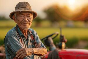 An old man with a hat and hat standing on a tractor photo
