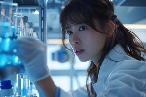 A woman in a lab coat is looking at a test tube photo