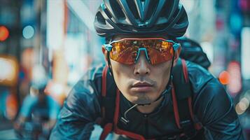 A man wearing a helmet and sunglasses on a city street photo