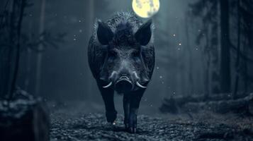 Wild boar in the forest at night photo