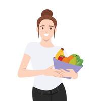 Woman holds a bowl filled with fresh fruits and vegetables, balanced and nutritious lifestyle. vector