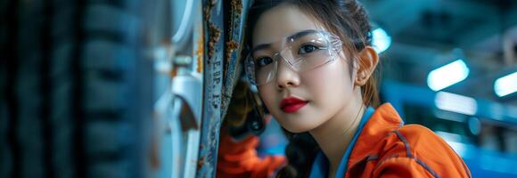 A woman in an orange shirt and safety glasses photo