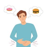 Man holding his stomach feels hungry while thinking about a donut and a hamburger. vector