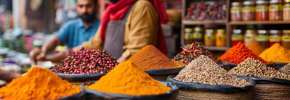 A man is standing in front of a market with many different spices photo