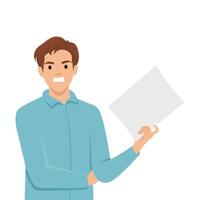 Young man with an angry expression holds a piece of paper, seemingly upset or disappointed. vector