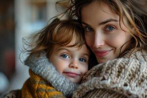 A woman and child are hugging each other photo
