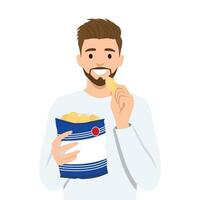 Happy man with a beard is enjoying a bag of potato chips while smiling. vector