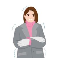 Shivering Woman in a Winter Coat and gloves, hugging herself and trembling from the cold. vector