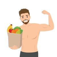 Man flexes his biceps while holding a grocery bag filled with fresh fruits and vegetables. vector